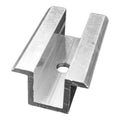 Aluminum solar panel middle clamp with two parallel rails and center threaded hole, isolated on white background.