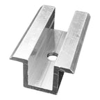 Aluminum solar panel middle clamp with two parallel rails and center threaded hole, isolated on white background.
