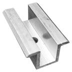 Aluminum solar panel middle clamp with V-shaped channel and mounting hole, shown as product still on white background.