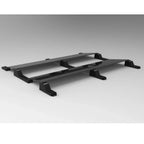 Black aluminum solar panel mounting system with angled rails and support feet, shown assembled on white background.