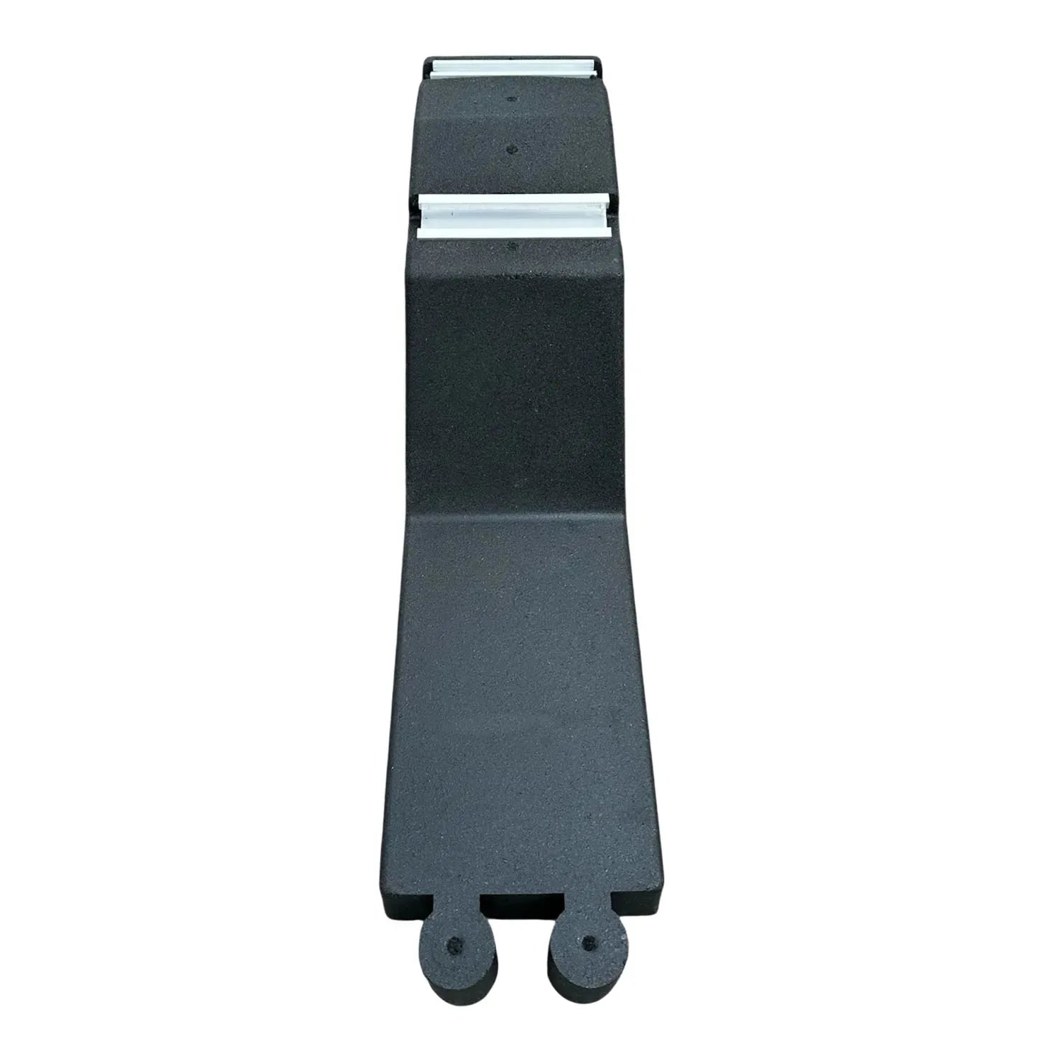 Top-down view of gray flat roof solar mounting system with aluminum rail and two circular feet.