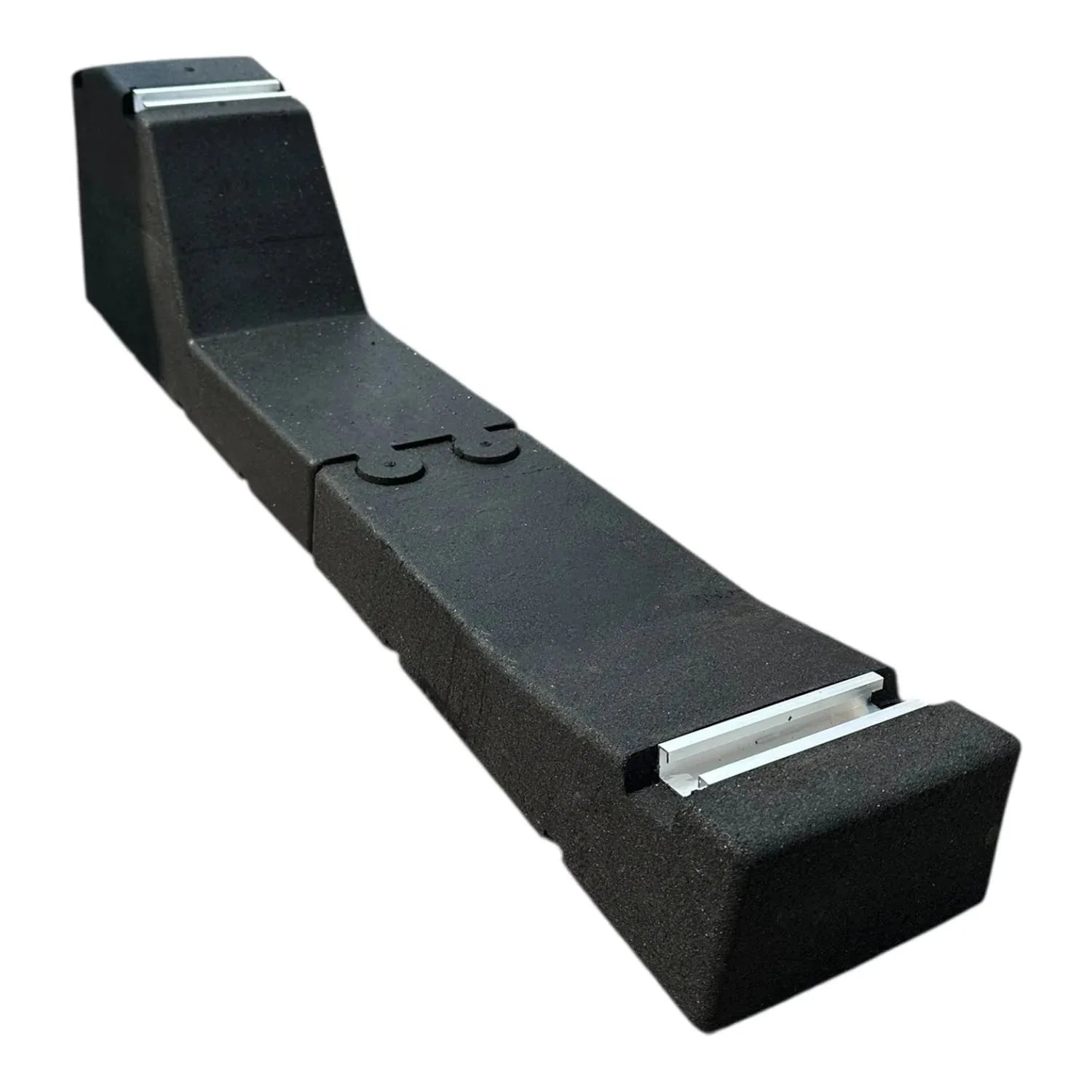 Black foam solar mounting rail system with angled bracket and metal clips, product shot on white background.
