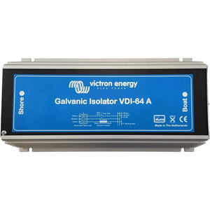 Victron Energy Galvanic Isolator VDI-64A, a blue and gray rectangular device with technical diagram and certifications visibl