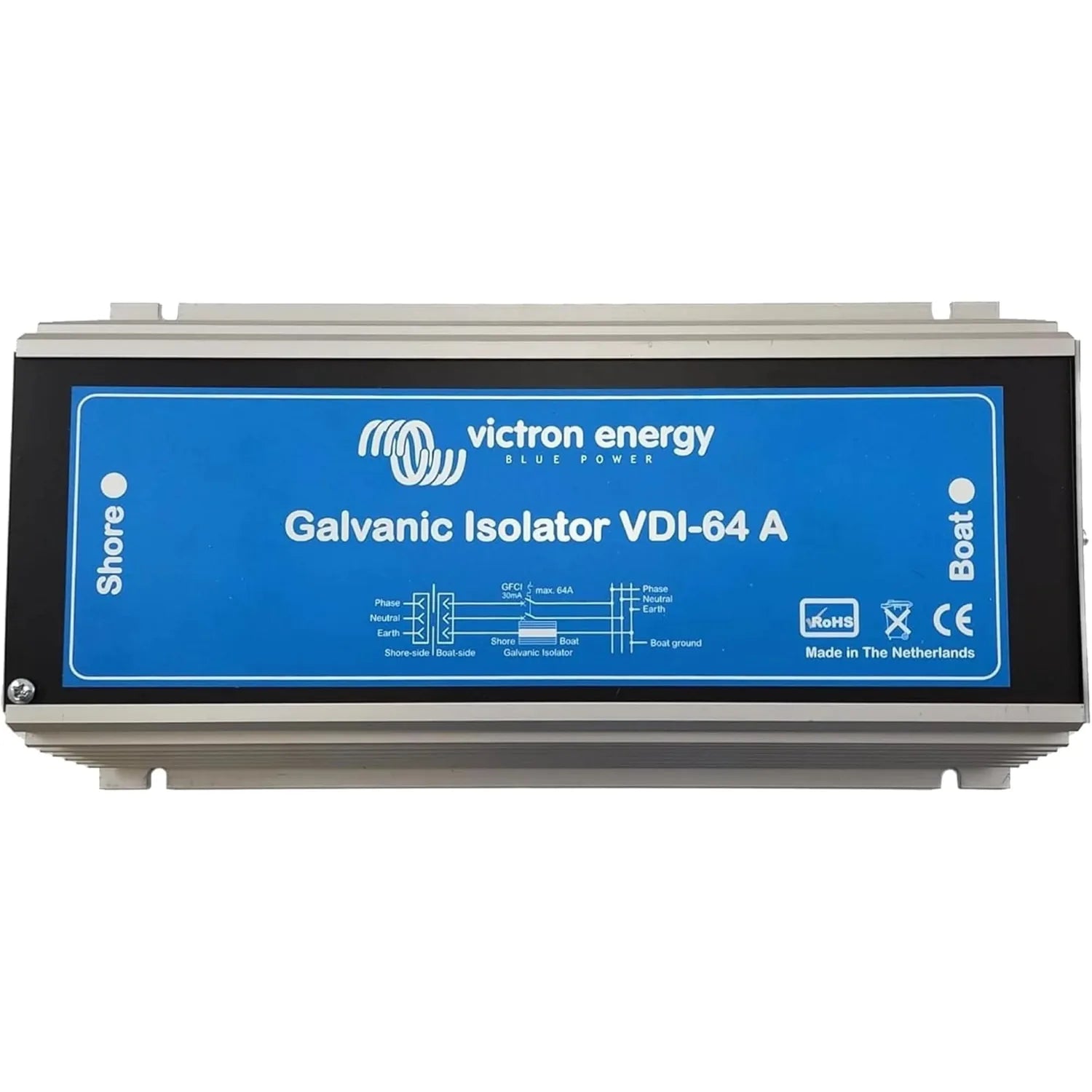 Victron Energy Galvanic Isolator VDI-64A, a blue and gray rectangular device with technical diagram and certifications visibl