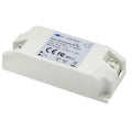 White rectangular LED driver with screw terminal connections and regulatory certification markings visible on label.