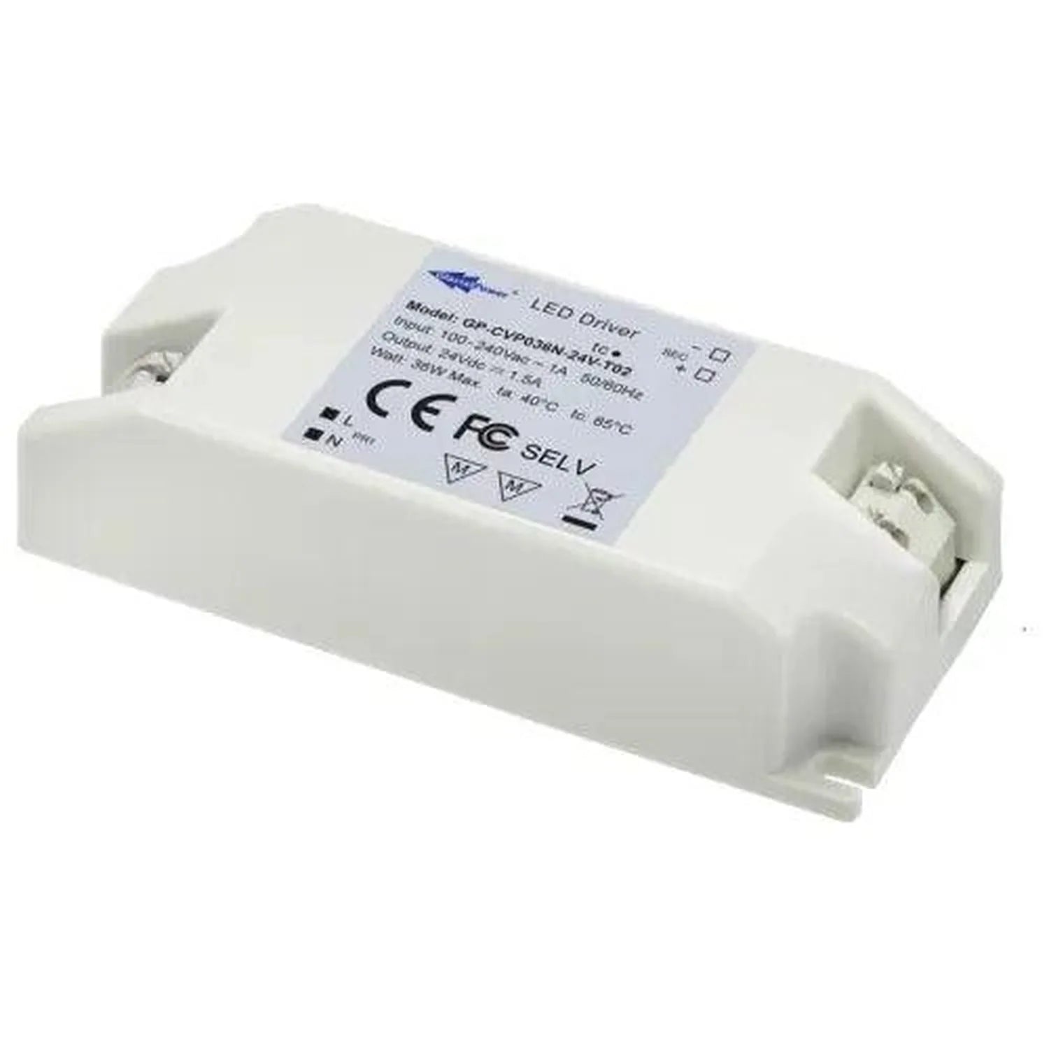 White rectangular LED driver with screw terminal connections and regulatory certification markings visible on label.