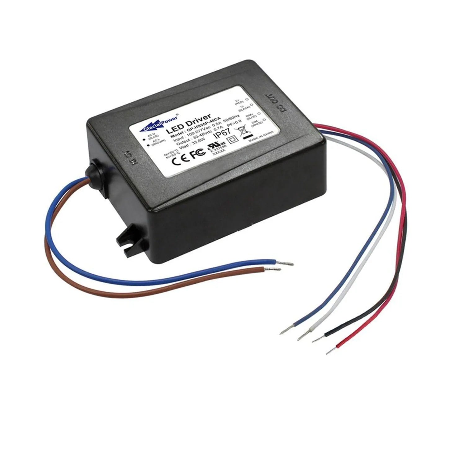 Glacial LED driver with label visible, showing wired connections in blue, brown, white, black and red extending from black en