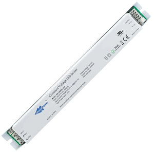 Glacial Power 24V constant voltage LED driver with green terminal connectors, front label view showing specifications and saf