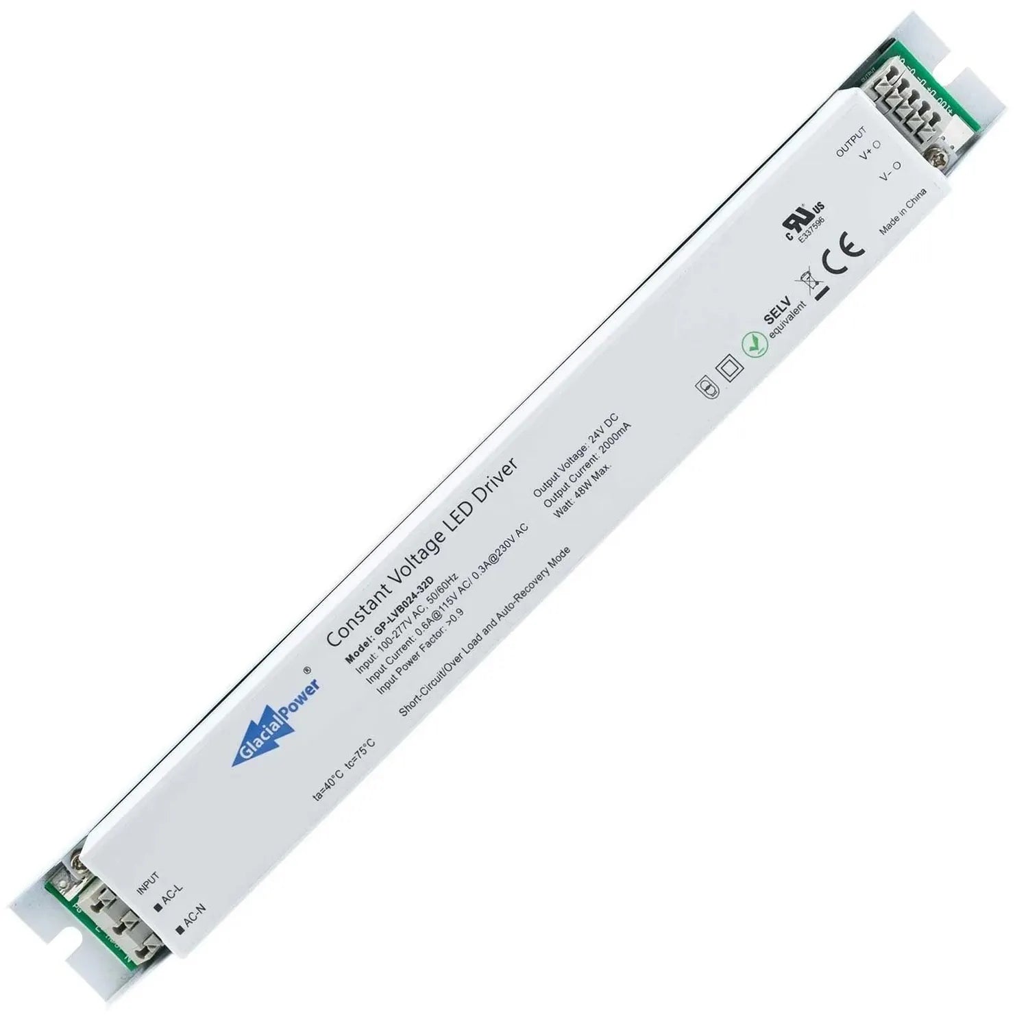 Glacial Power 24V constant voltage LED driver with green terminal connectors, front label view showing specifications and saf