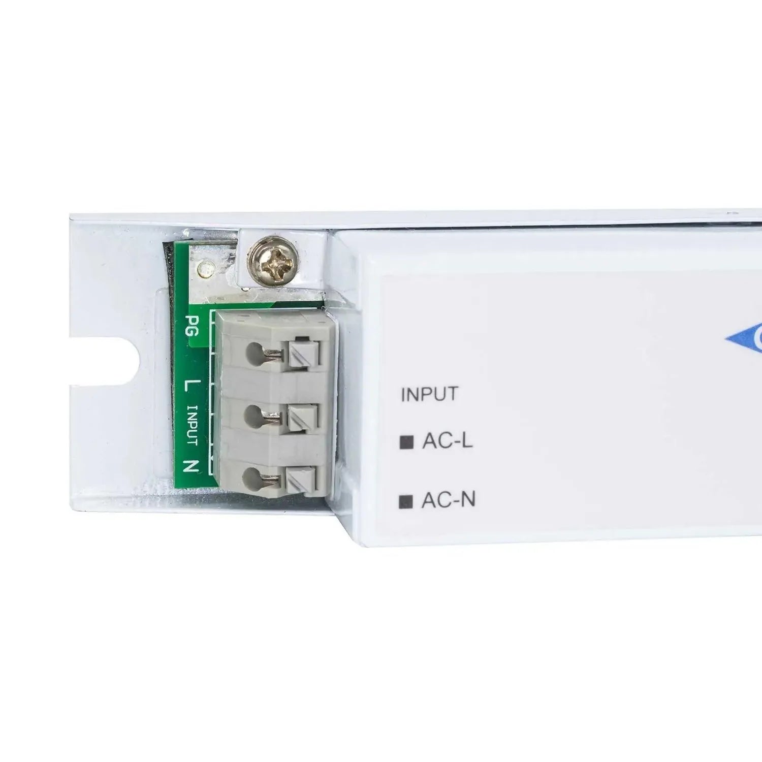 Close-up of power supply terminal block showing AC-L and AC-N input connections with green circuit board labeled PG L INPUT N
