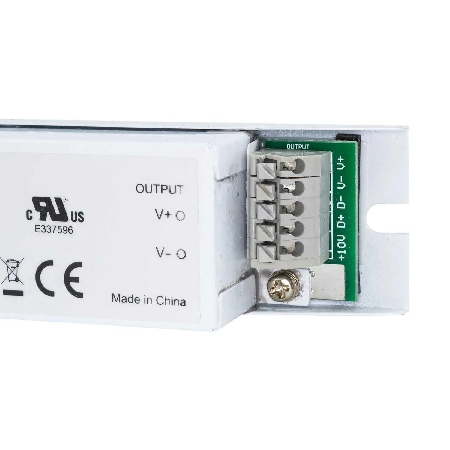 White plastic power supply unit with exposed green circuit board and terminal blocks labeled OUTPUT with V+ and V- connection