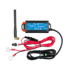 Victron GX LTE 4G-E modem with antenna, red and black power cables, and ring terminal connectors displayed on white backgroun