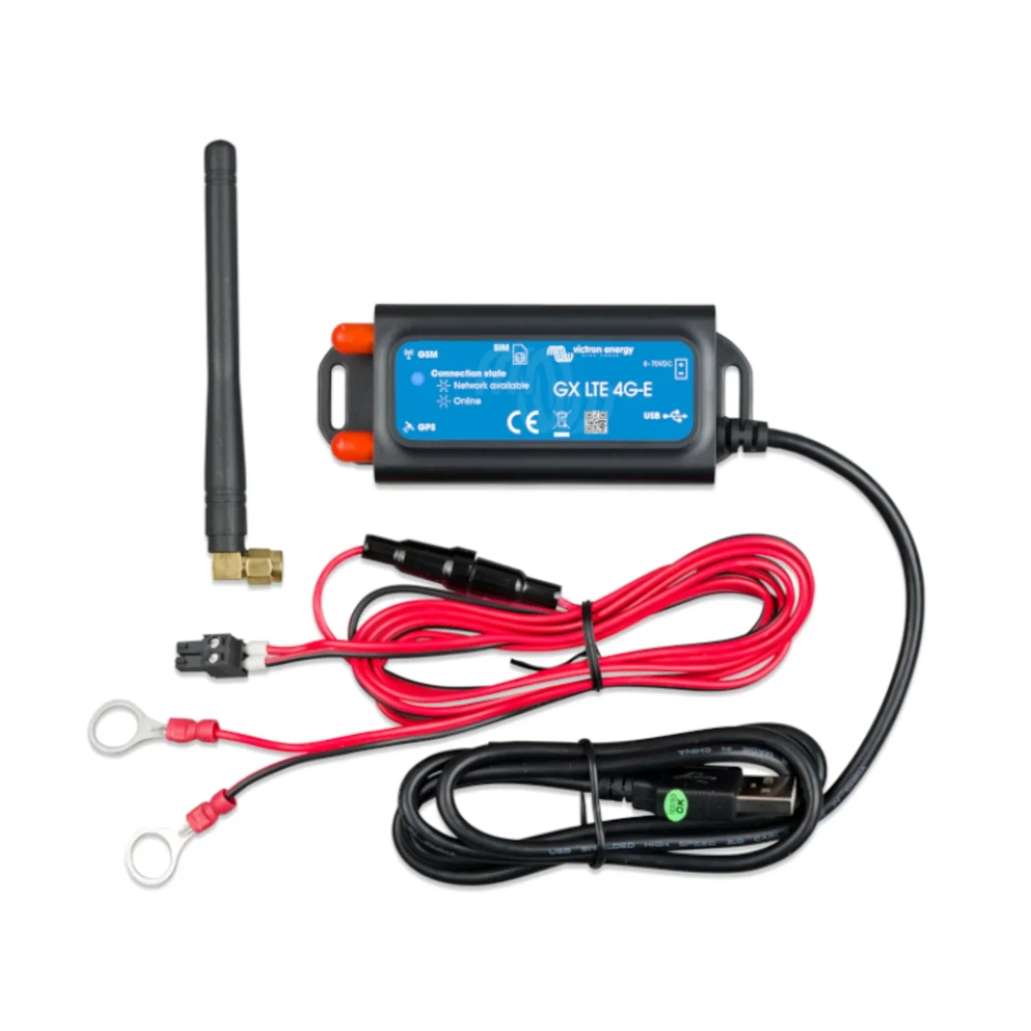 Victron GX LTE 4G-E modem with antenna, red and black power cables, and ring terminal connectors displayed on white backgroun