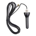 Black coiled cable with brass connector attached to black cylindrical antenna with threaded metal base, product alone on whit