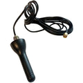 Black outdoor antenna with coiled cable and brass connector on white background.