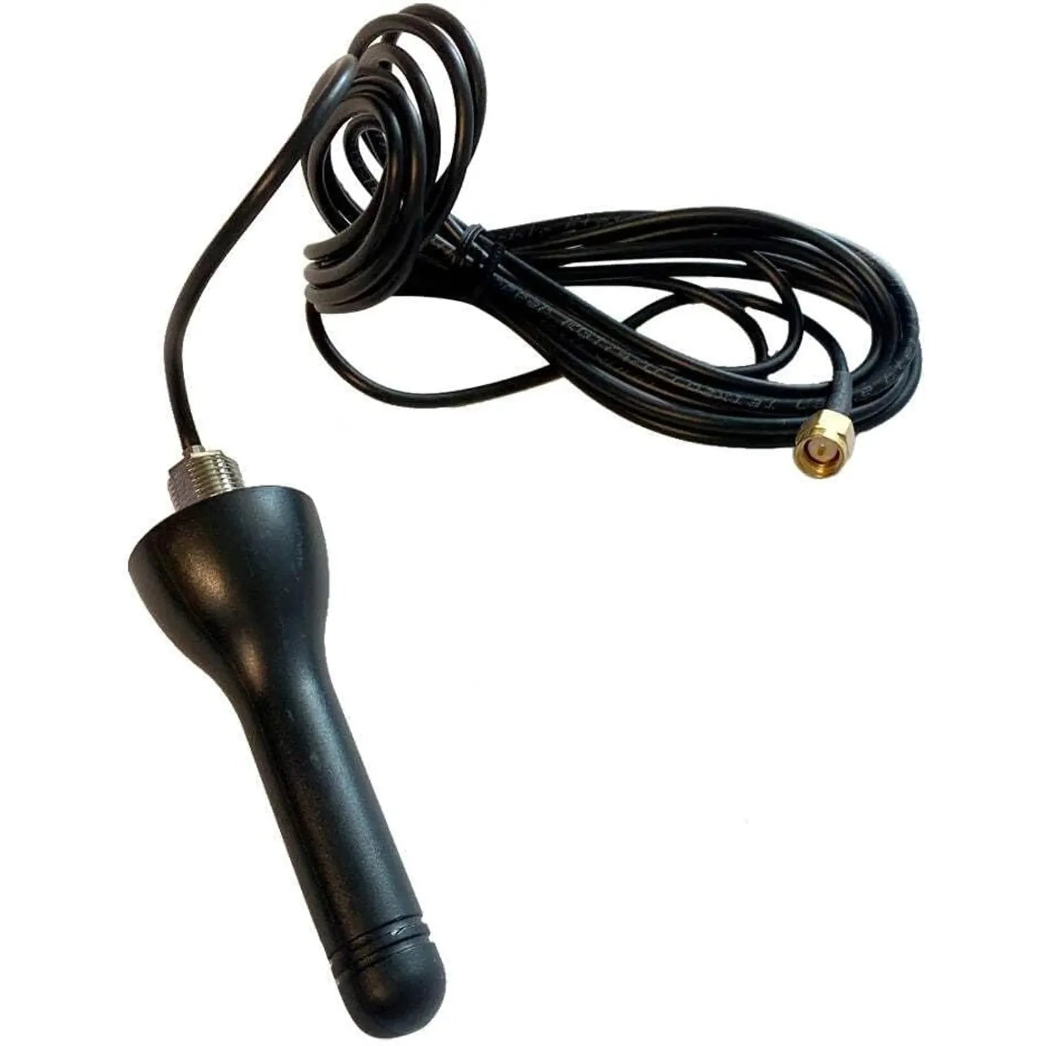 Black outdoor antenna with coiled cable and brass connector on white background.