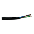 H07RN-F 3 core rubber cable with black outer sheath and brown, blue, and green inner conductors exposed at the end.