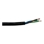 H07RN-F 3 core rubber cable with black outer sheath and brown, blue, and green inner conductors exposed at the end.