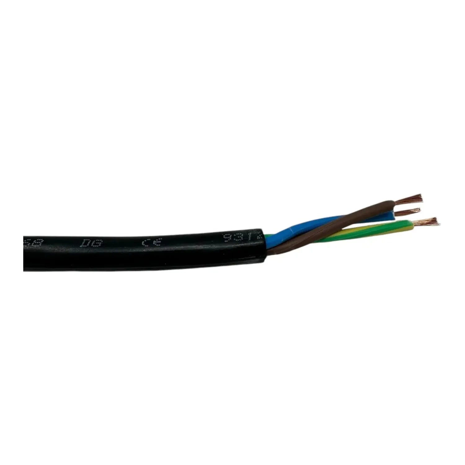 H07RN-F 3 core rubber cable with black outer sheath and brown, blue, and green inner conductors exposed at the end.