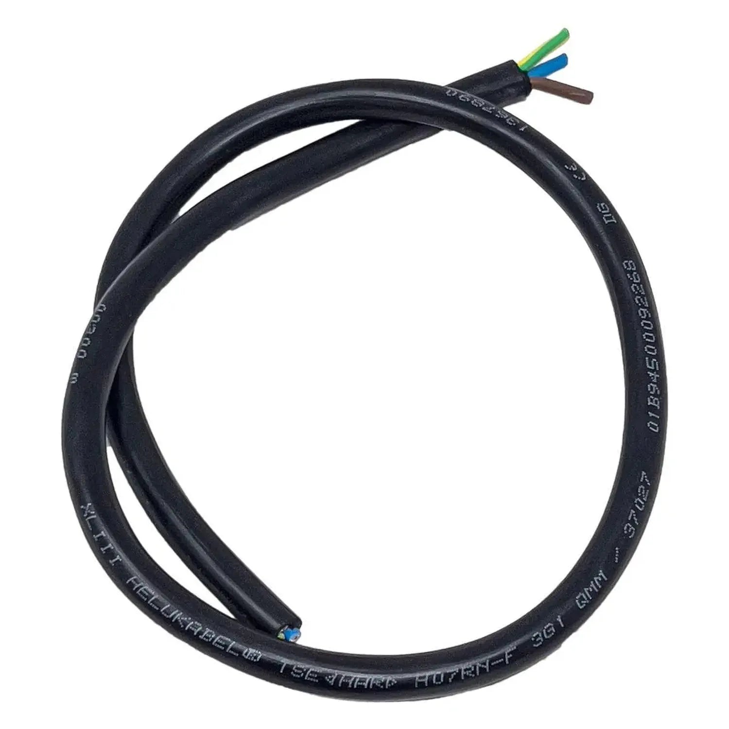 Black rubber AC cable coiled in a loop with three exposed colored conductor wires at the end against a white background.