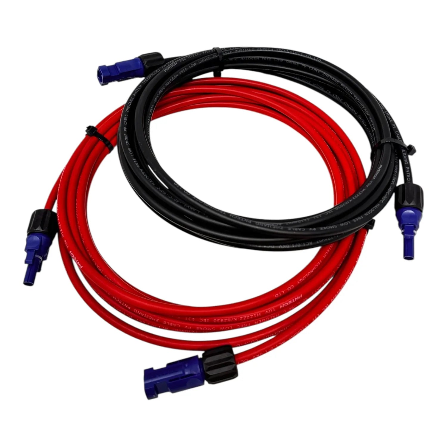 Two coiled solar PV extension cables with blue Amphenol connectors, one red and one black, displayed against white background