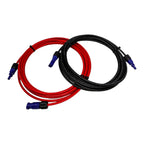 Two coiled solar PV extension cables with blue connectors, one red and one black, displayed against white background.