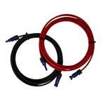 Two coiled solar PV extension cables with blue connectors, one black and one red, displayed against white background.
