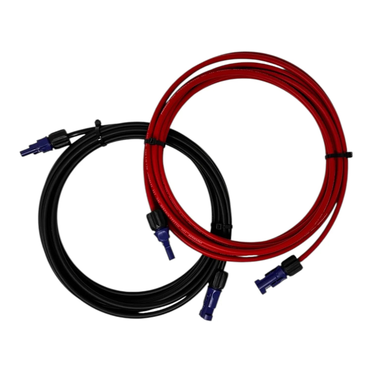 Two coiled solar PV extension cables with blue connectors, one black and one red, displayed against white background.
