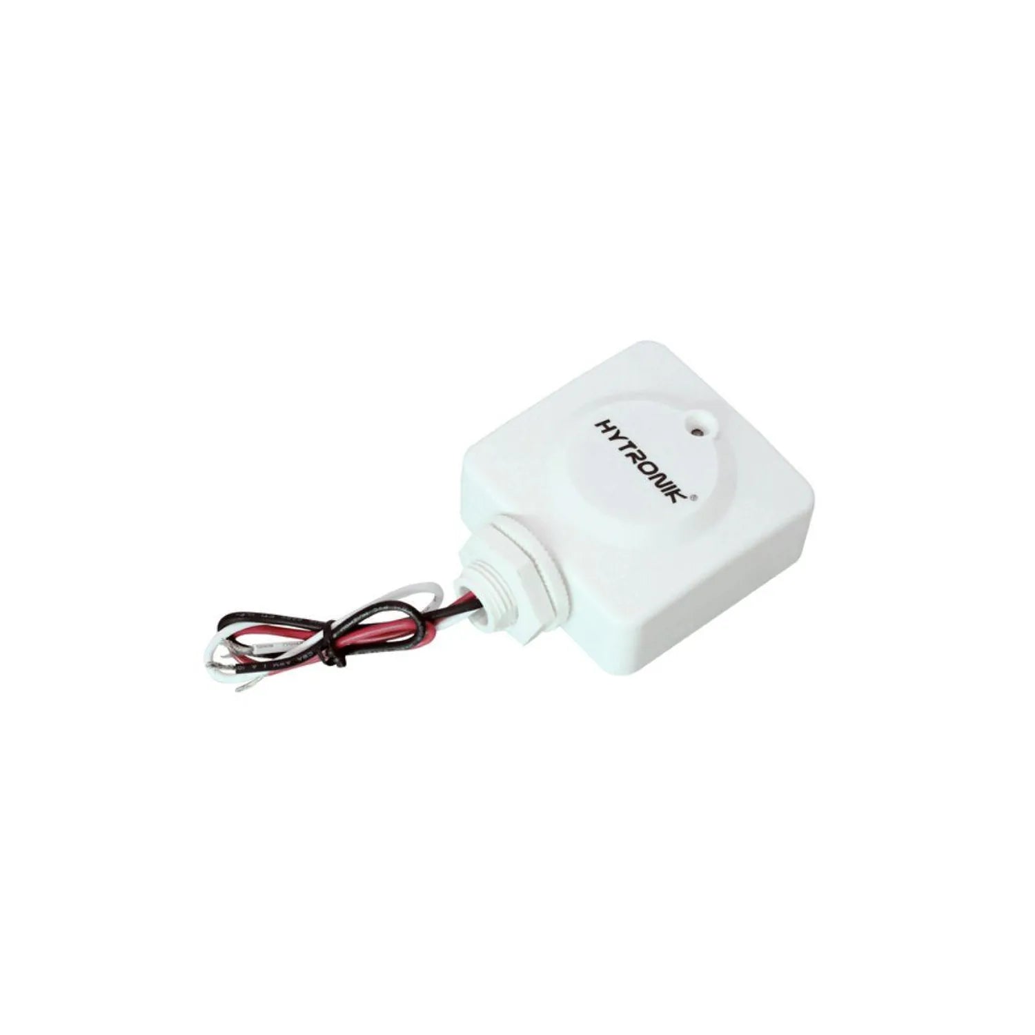 White square motion sensor with Hytronik branding and attached red and black wired connector, product photo on white backgrou