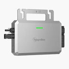 Hoymiles HF-800 microinverter with handle bracket, green status indicator light, and black side connectors visible against wh