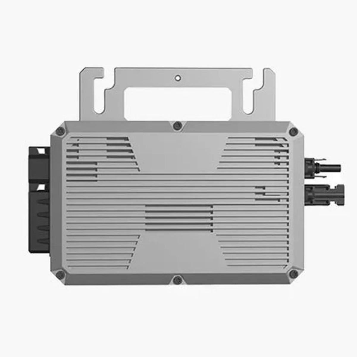 Hoymiles HF-800-WB microinverter with horizontal aluminum heat sink fins, top carry handle, and side connectors, front-facing