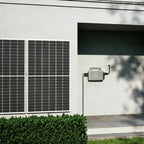 Hoymiles HF-800-WB microinverter mounted on white wall beside solar panels, with antenna and UK power cable visible.