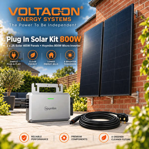 Voltacon 800W plug-in solar kit mounted on brick wall showing two black solar panels, white Hoymiles micro inverter, and blac