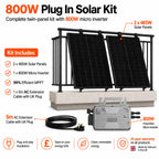 800W solar kit diagram showing two black panels mounted on frame, micro inverter unit, and 5m AC extension cable with UK plug