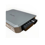 Gray Zuma solar micro inverter with open compartment showing internal components and label placement.