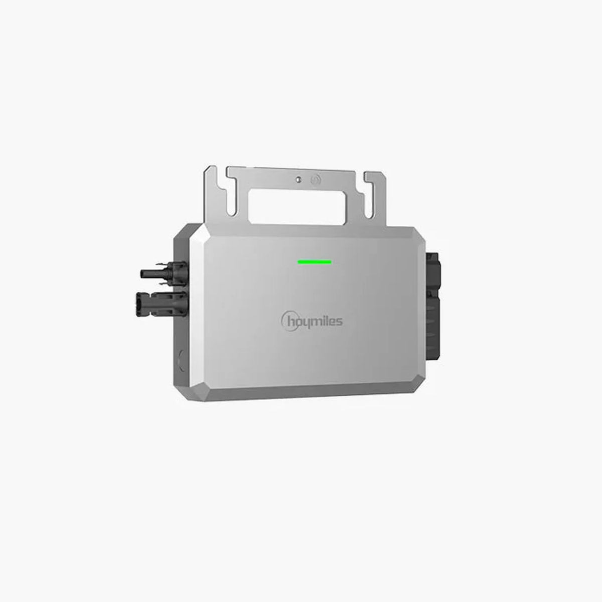 Hoymiles micro inverter with carrying handle and green LED indicator light, shown as standalone product unit.