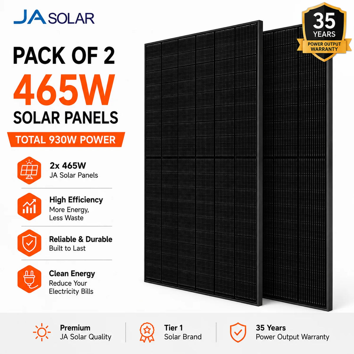 Two black rectangular JA Solar 465W panels displayed side-by-side with product specifications and warranty information on the