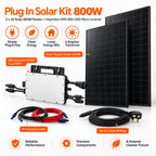 800W plug-in solar kit showing two black solar panels, white microinverter with cables, and AC power cable on white backgroun