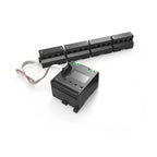 Solar PV string current monitoring system with control unit and four modular sensor blocks connected by cables, product shot 