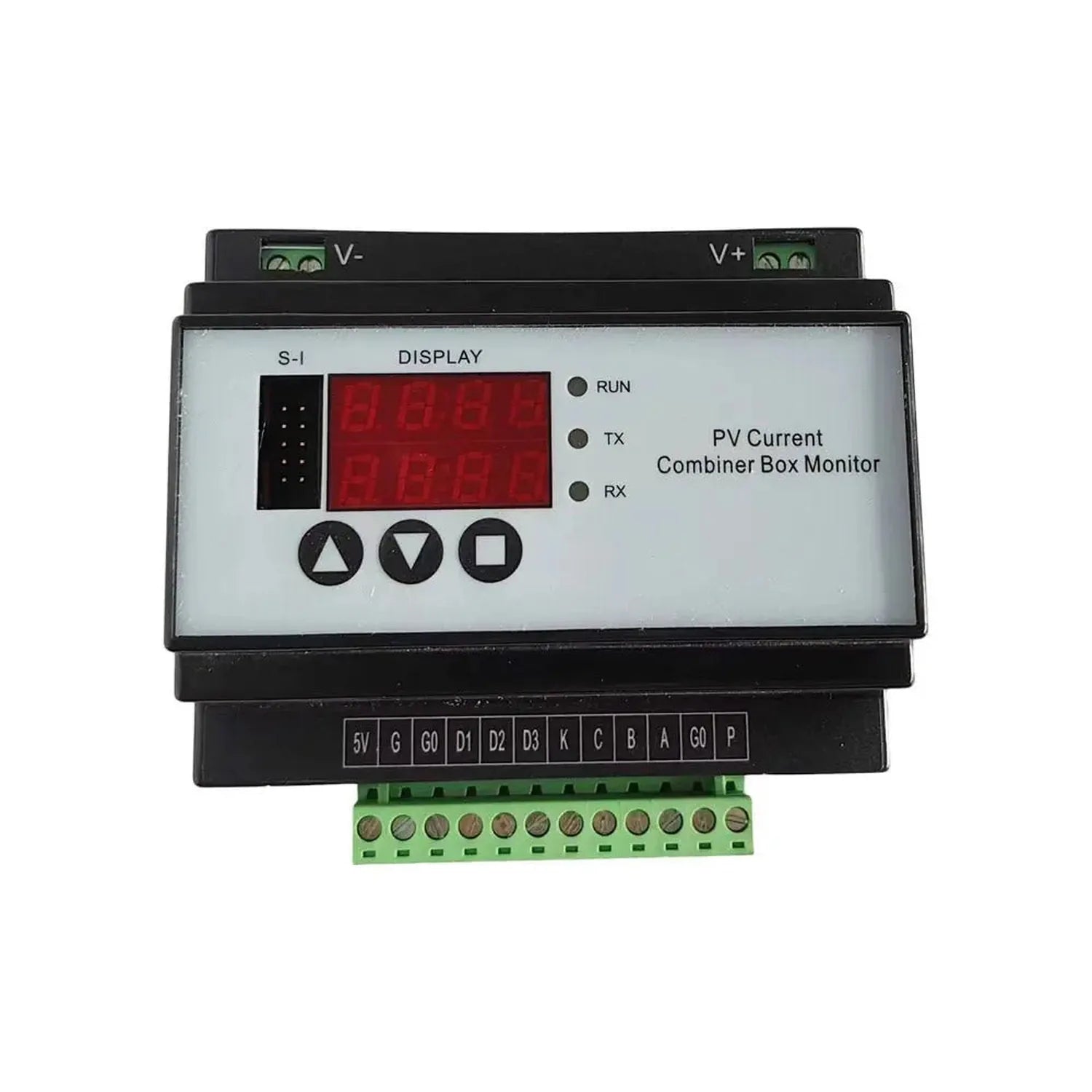 PV Current Combiner Box Monitor with red LED display, control buttons, and green terminal connector block, front view product