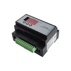 PV Current Combiner Box Monitor with gray display panel, three control buttons, red LCD screen, and green terminal block conn