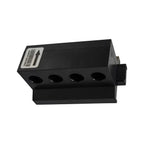 Black rectangular power distribution block with four circular ports and white label with barcode, angled front view.