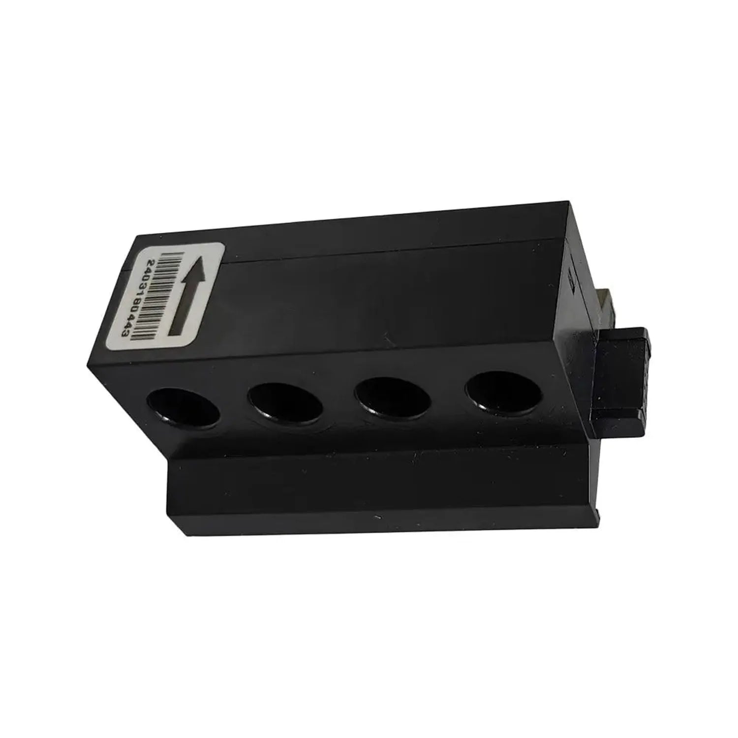 Black rectangular power distribution block with four circular ports and white label with barcode, angled front view.