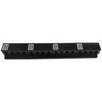 Four black modular monitoring units with white label tags arranged in a row, front view product shot.
