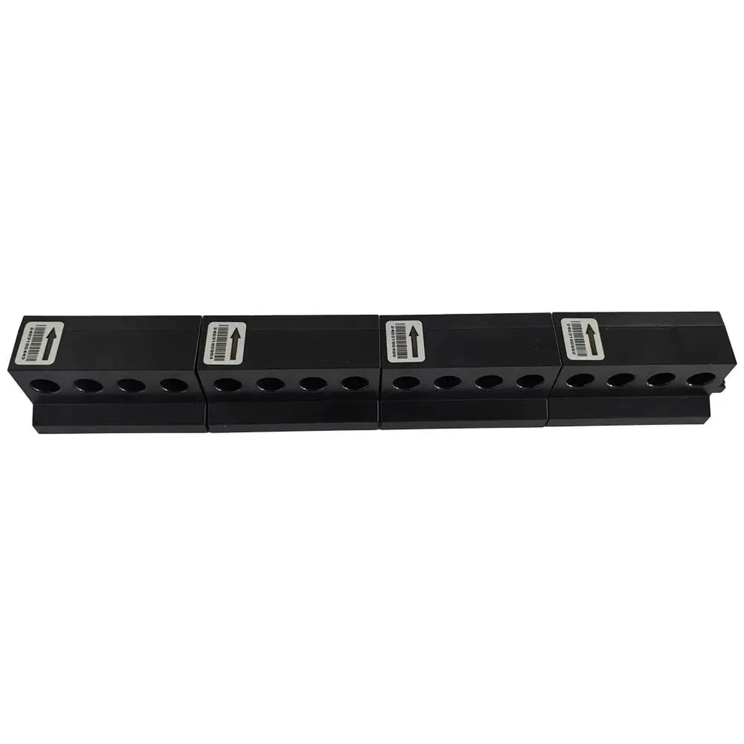 Four black modular monitoring units with white label tags arranged in a row, front view product shot.