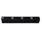 Four black modular current monitoring units with label tags arranged in a row, front view product shot.