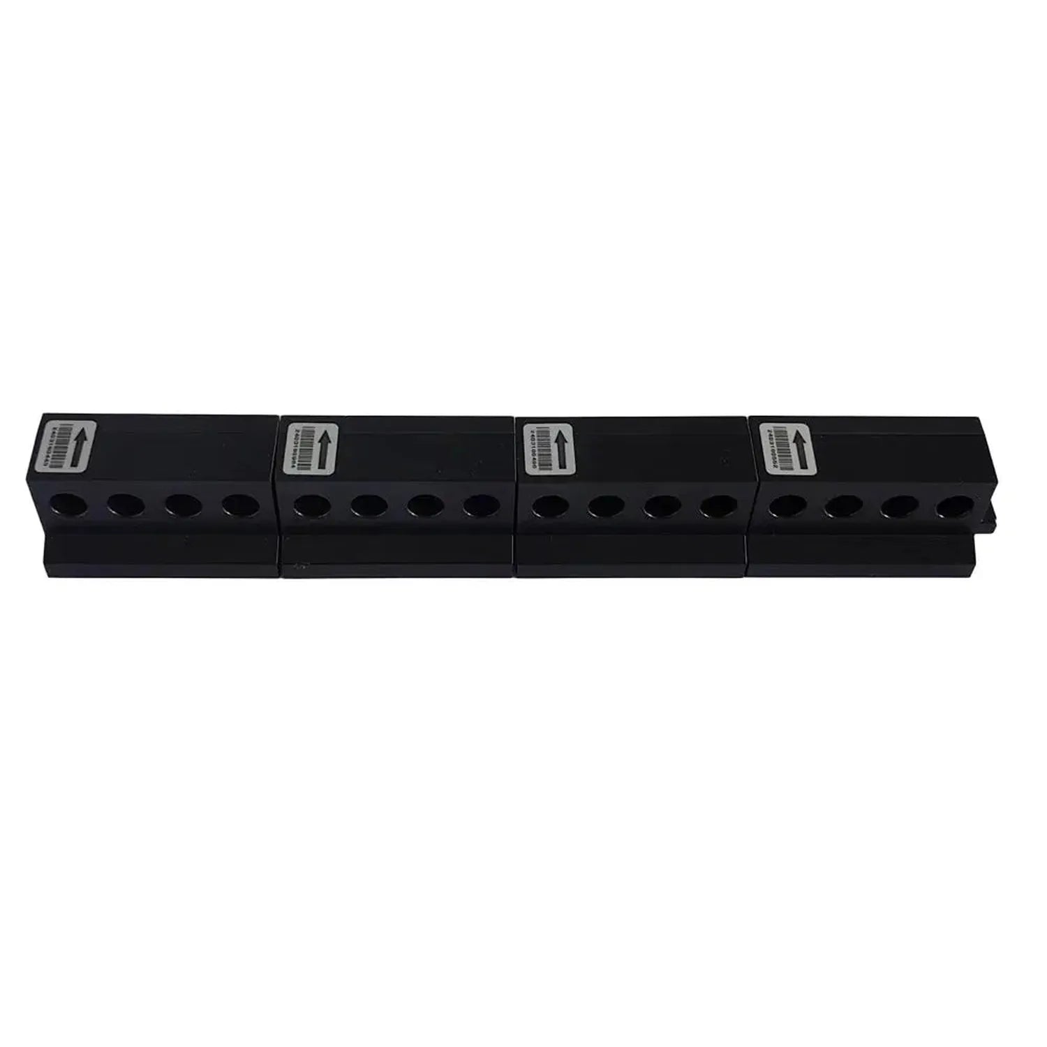Four black modular current monitoring units with label tags arranged in a row, front view product shot.