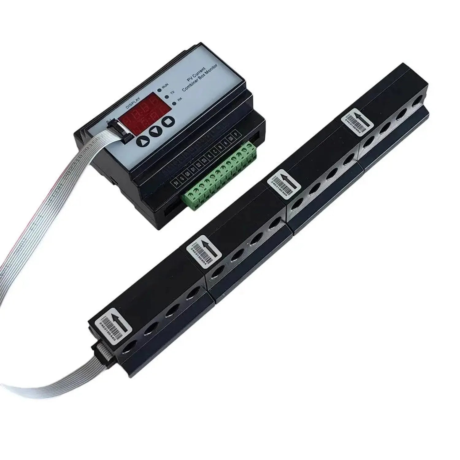 Solar PV string current monitor with display unit connected via ribbon cable to four black sensor modules mounted on DIN rail