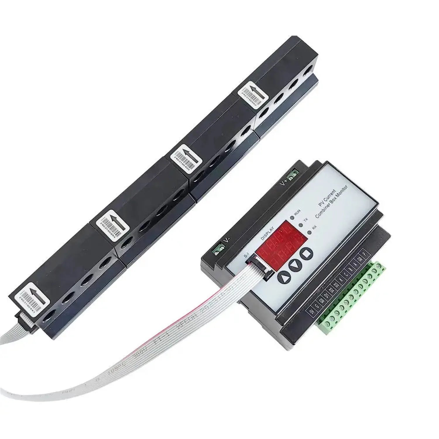 Solar PV string current monitoring system with four modular sensor units connected to a digital display controller via ribbon