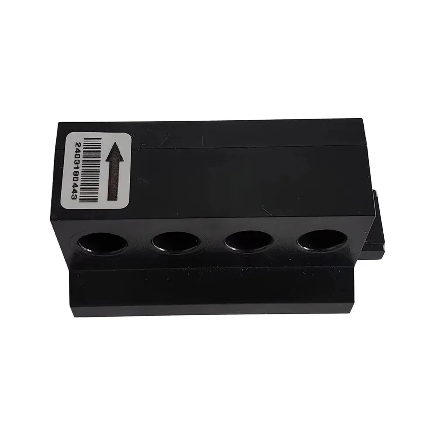 Black rectangular monitoring device with four circular ports and barcode label with upward arrow indicator.
